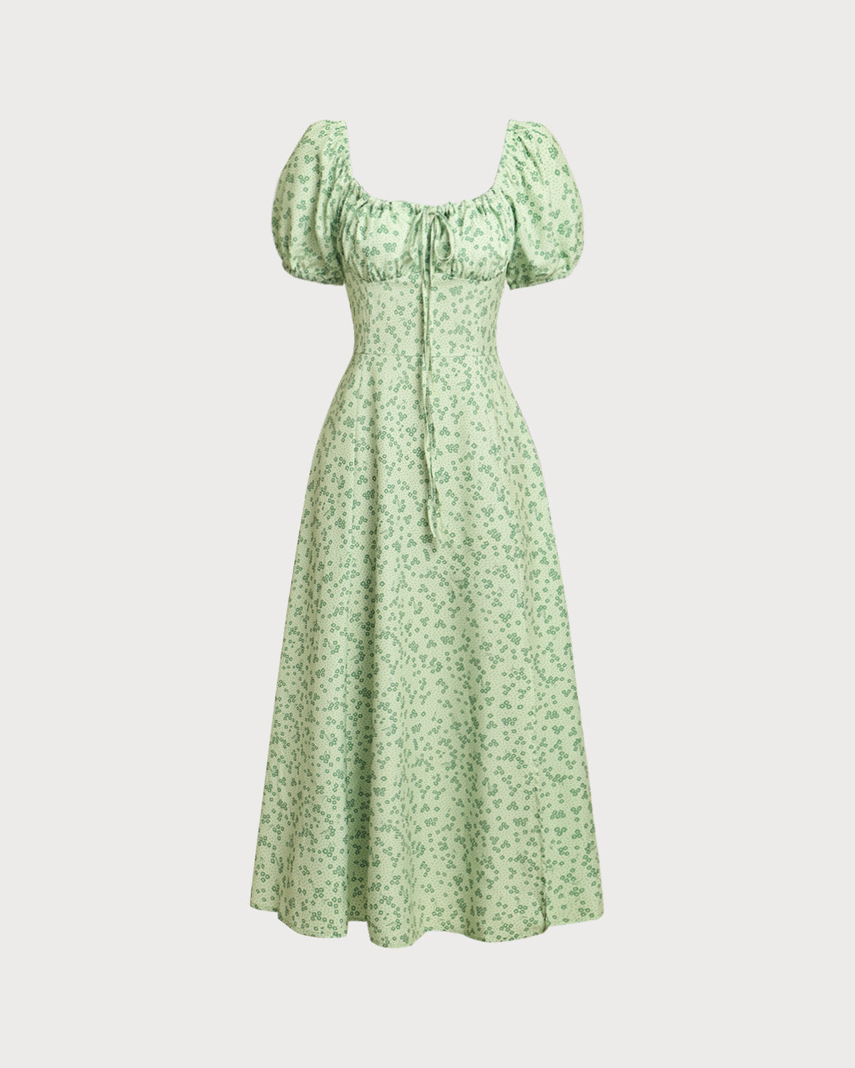 Green Floral Square Neck Puffed Sleeve Midi Dress