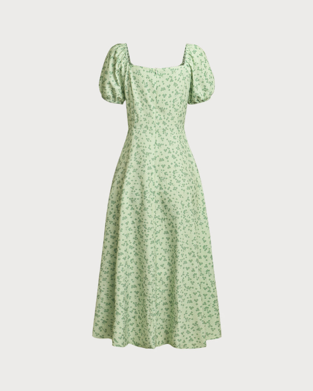 Green Floral Square Neck Puffed Sleeve Midi Dress
