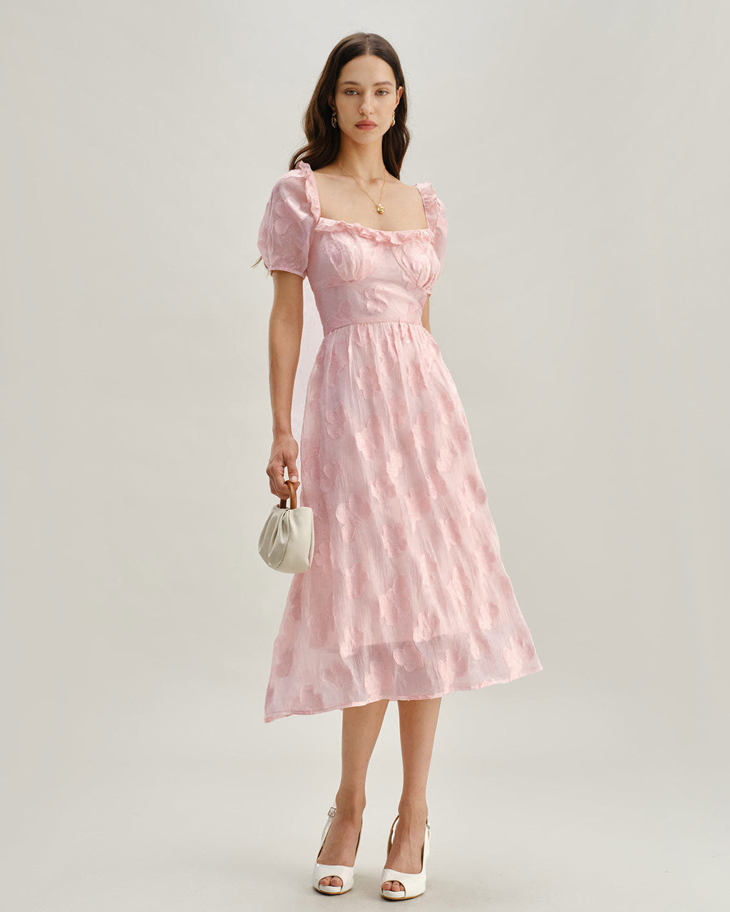 Pink Square Neck Puffed Sleeve Midi Dress