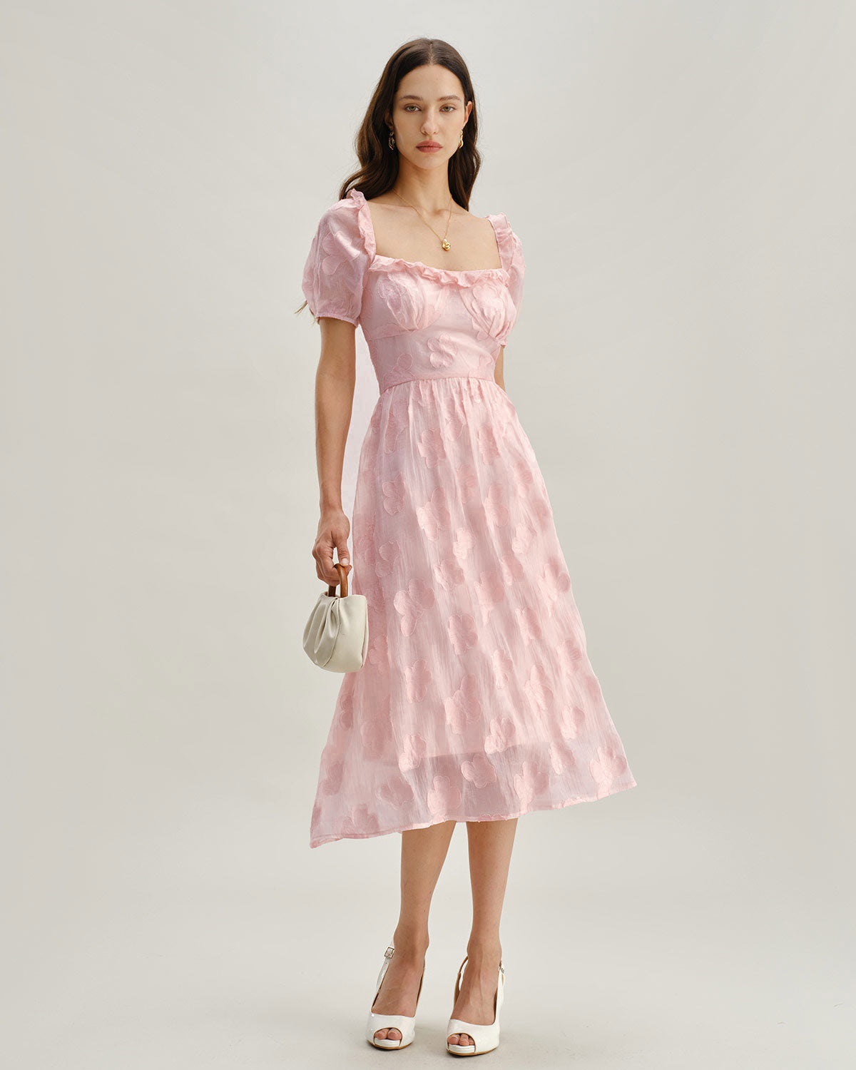 Pink Square Neck Puffed Sleeve Midi Dress