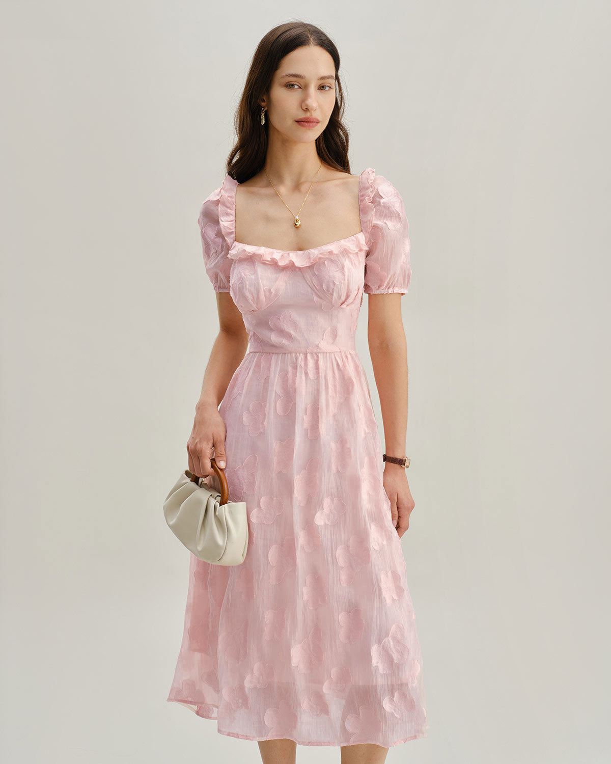 Pink Square Neck Puffed Sleeve Midi Dress