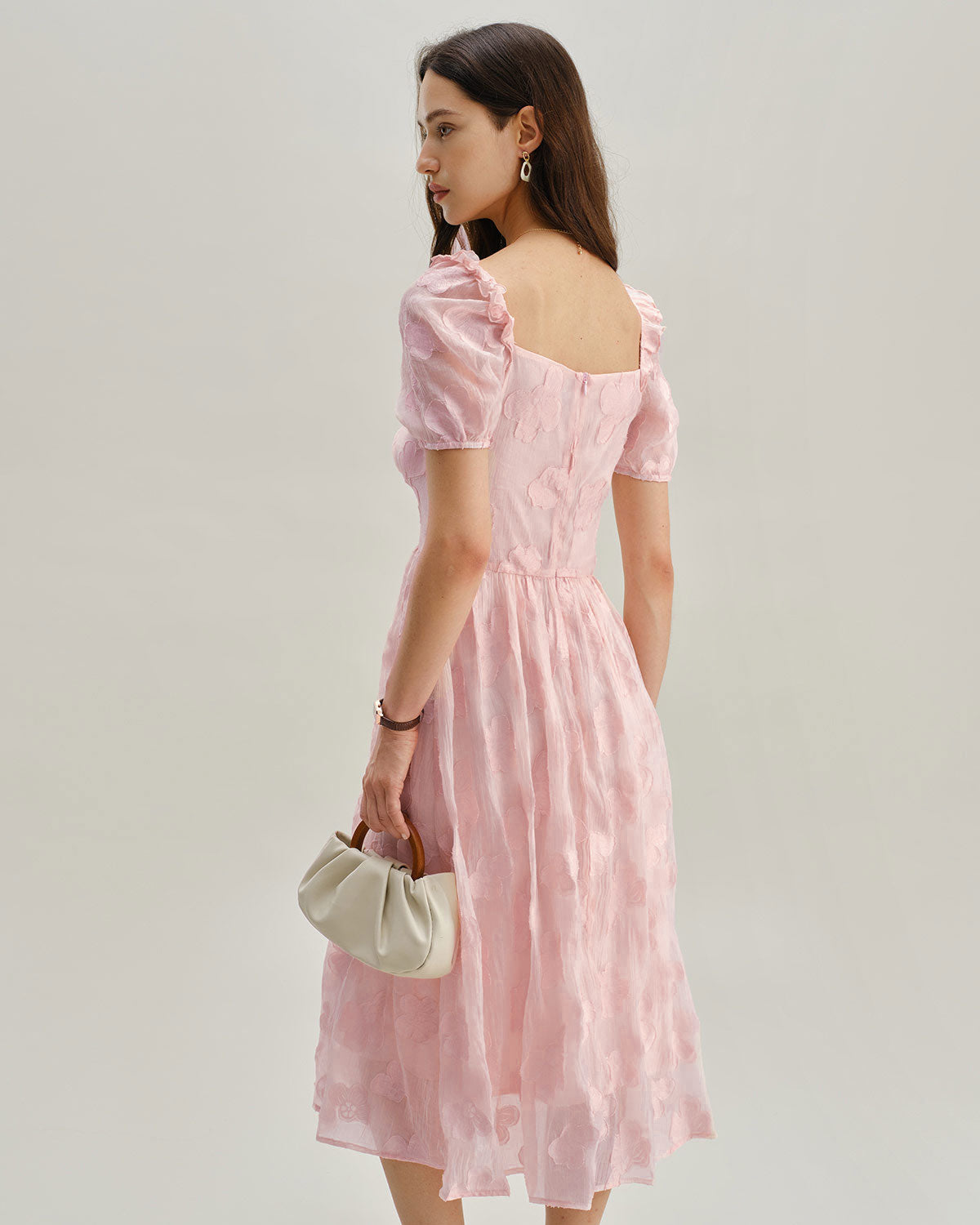 Pink Square Neck Puffed Sleeve Midi Dress