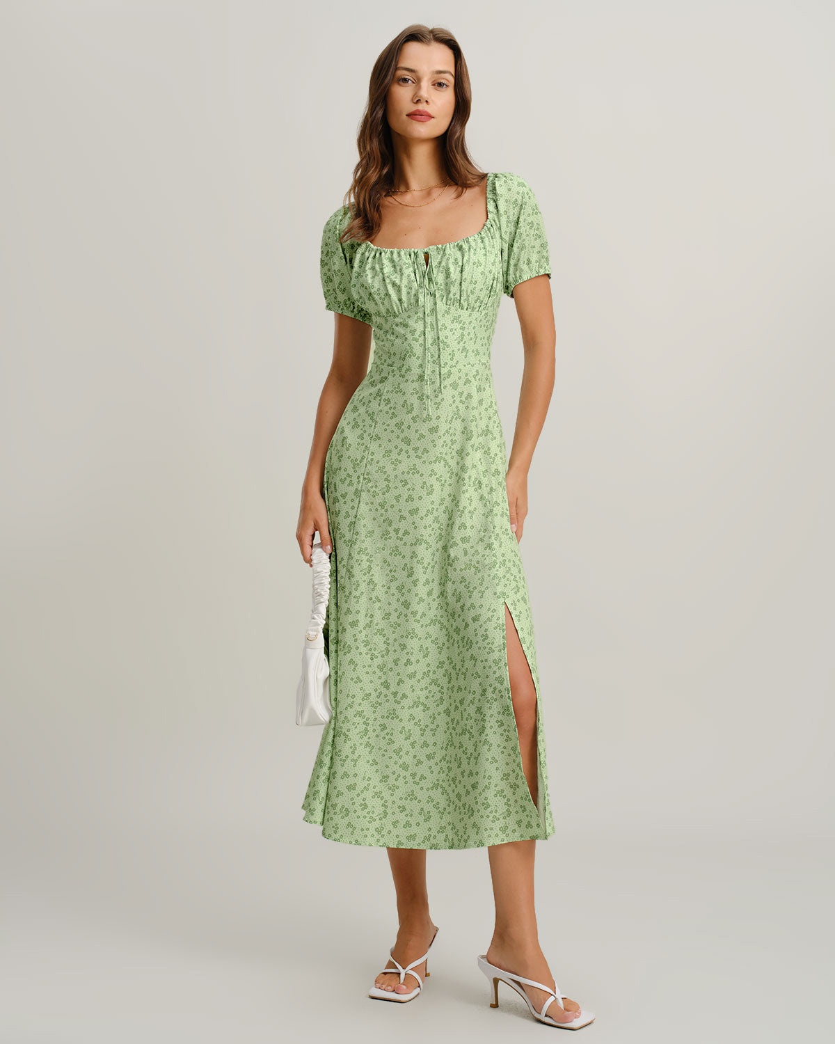 Green Floral Square Neck Puffed Sleeve Midi Dress