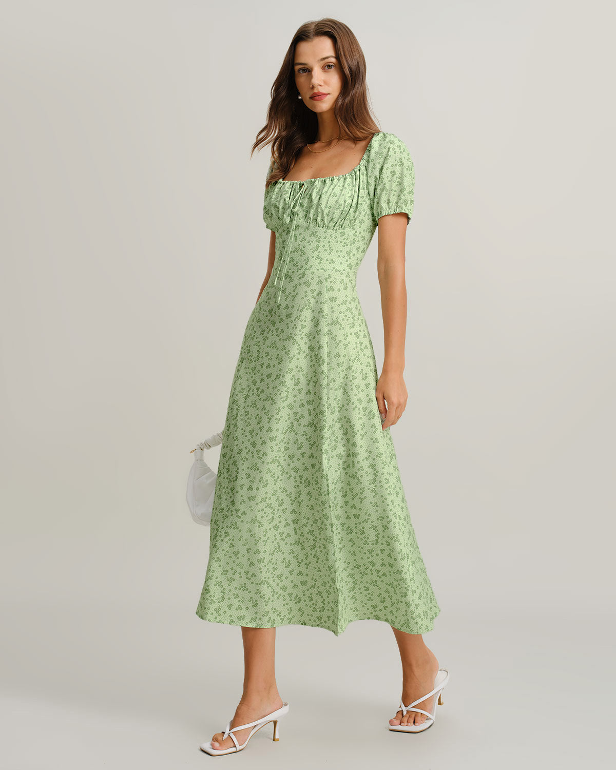 Green Floral Square Neck Puffed Sleeve Midi Dress