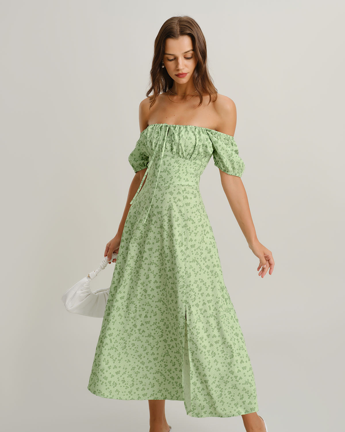 Green Floral Square Neck Puffed Sleeve Midi Dress