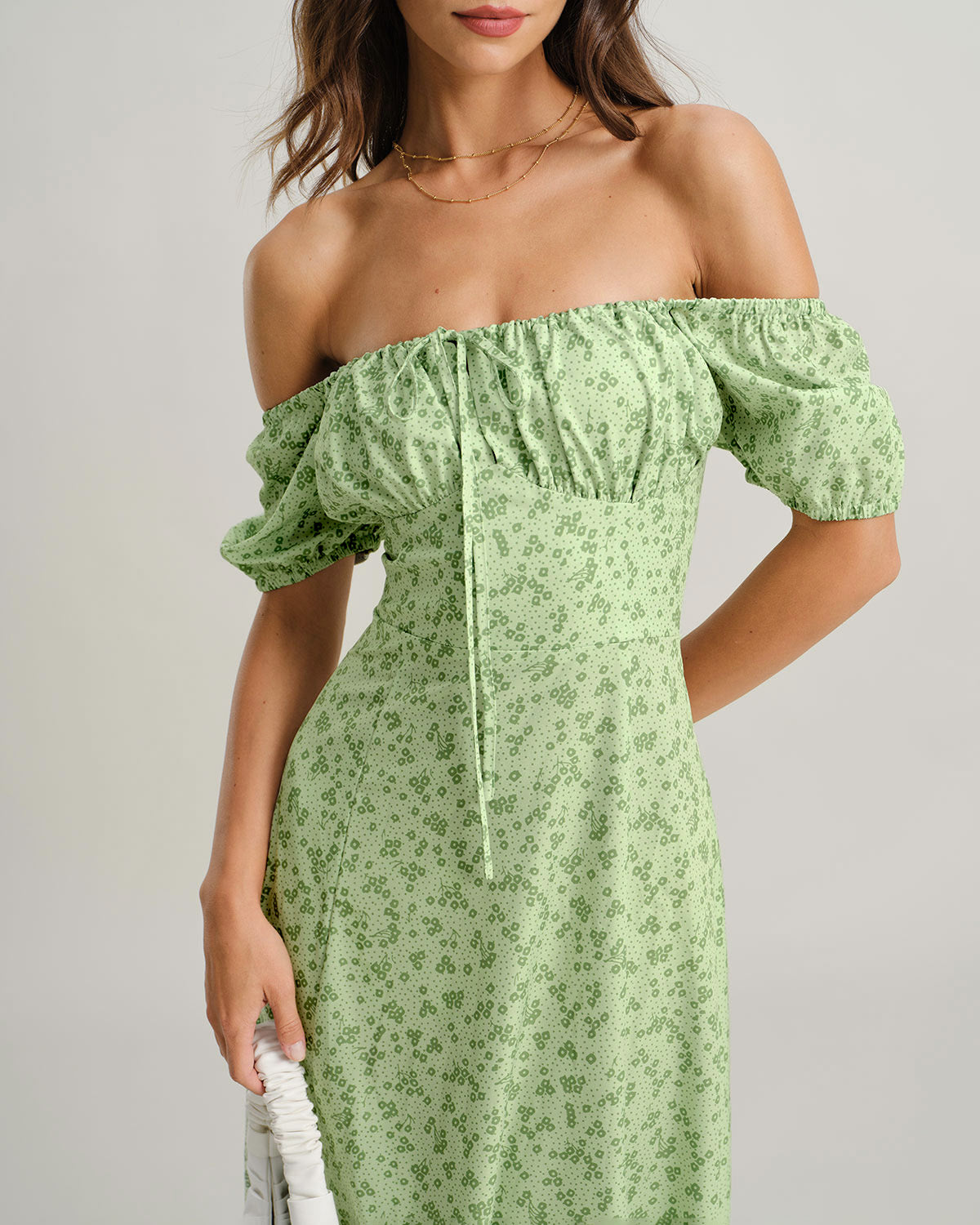 Green Floral Square Neck Puffed Sleeve Midi Dress