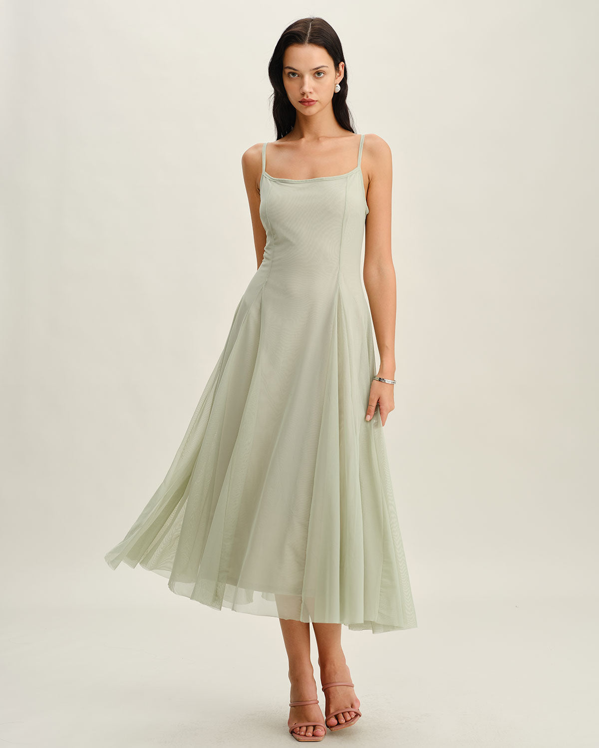 Green A-Line Slip Pleated Midi Dress