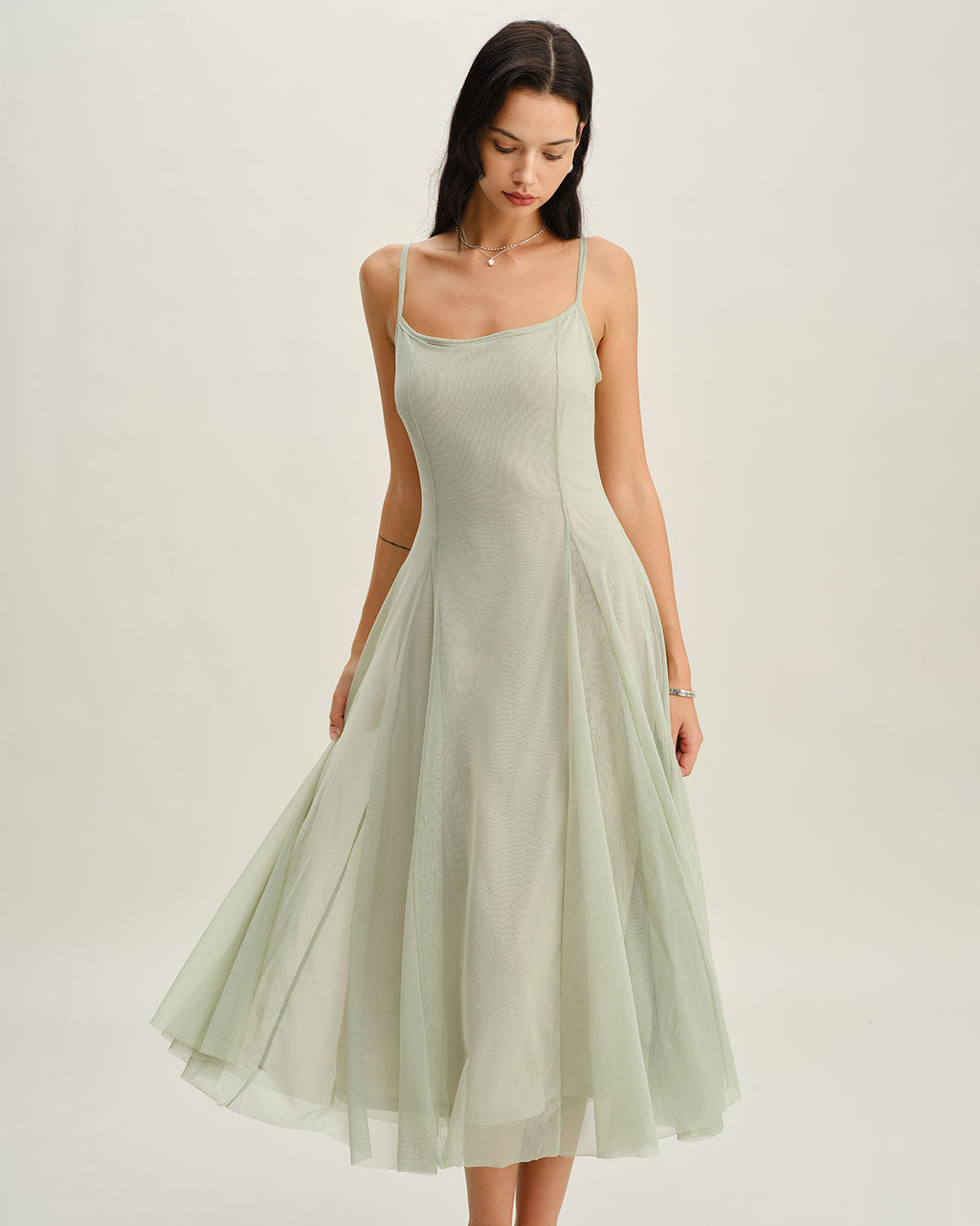Green A-Line Slip Pleated Midi Dress