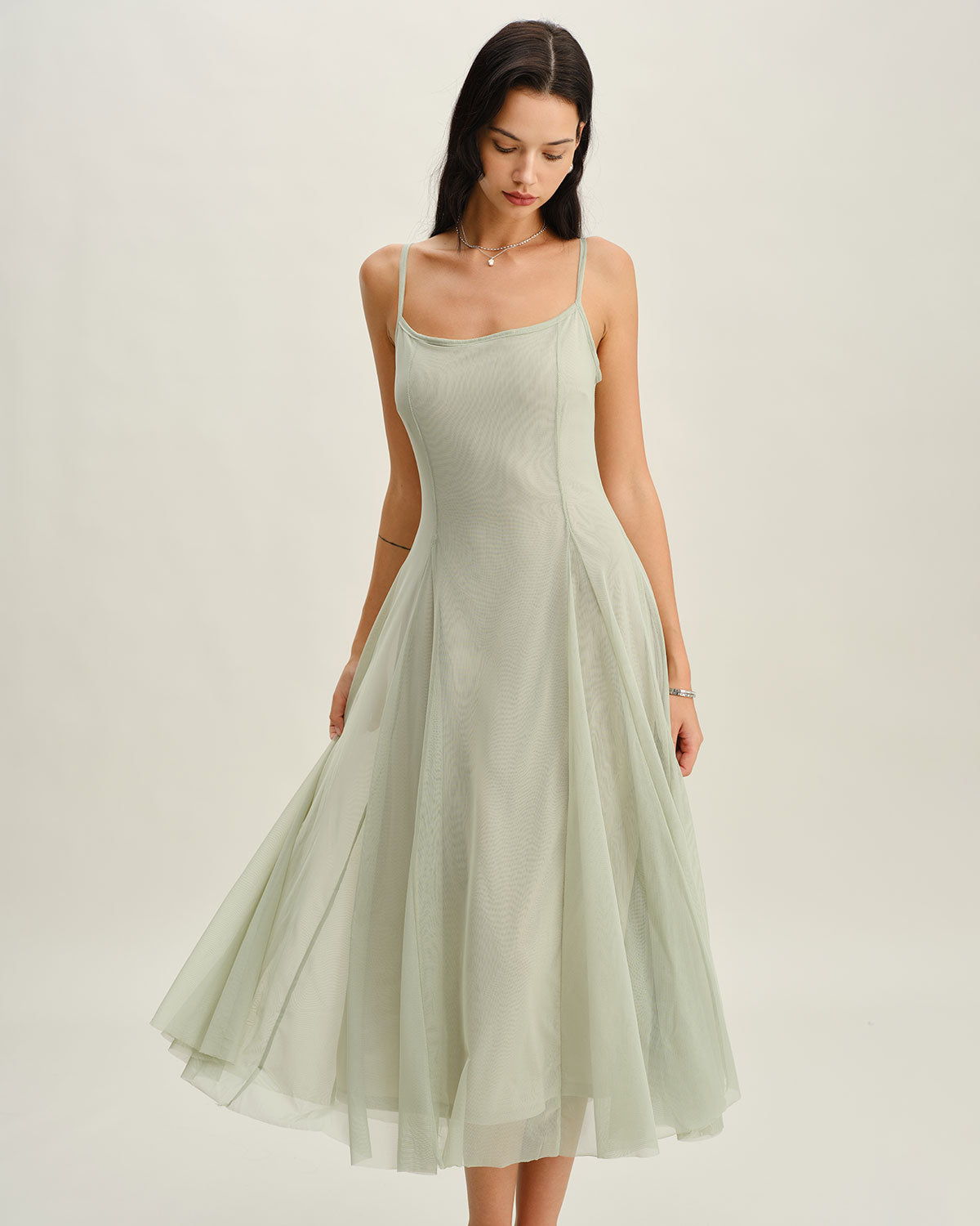 Green A-Line Slip Pleated Midi Dress
