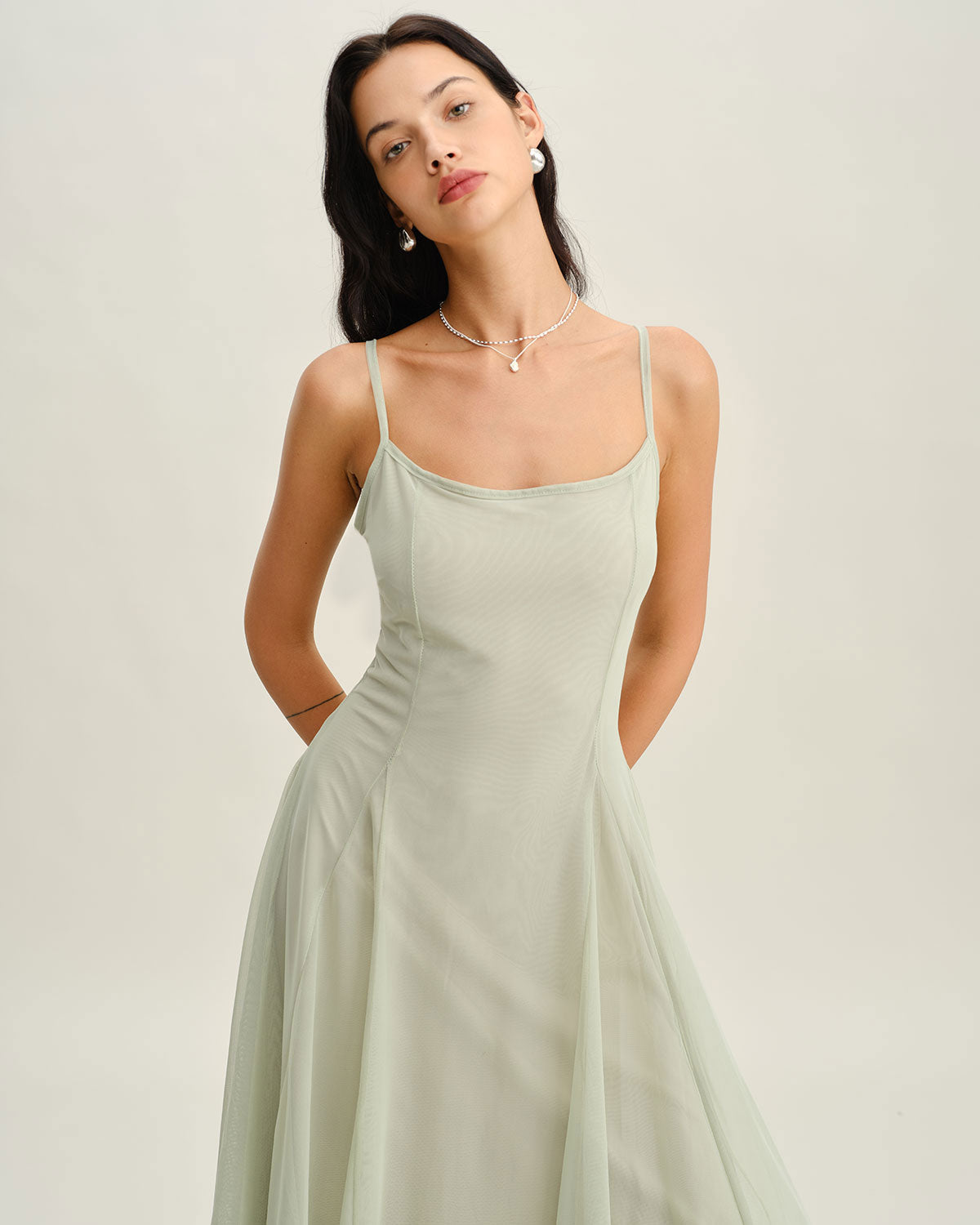Green A-Line Slip Pleated Midi Dress