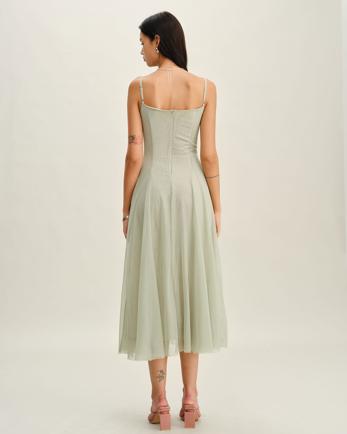 Green A-Line Slip Pleated Midi Dress