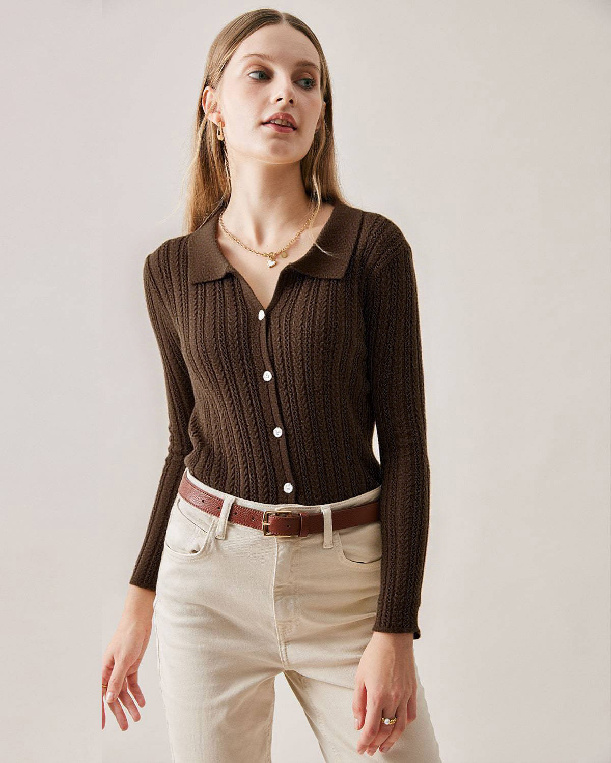 Coffee Ribbed Knit Slim Cardigan
