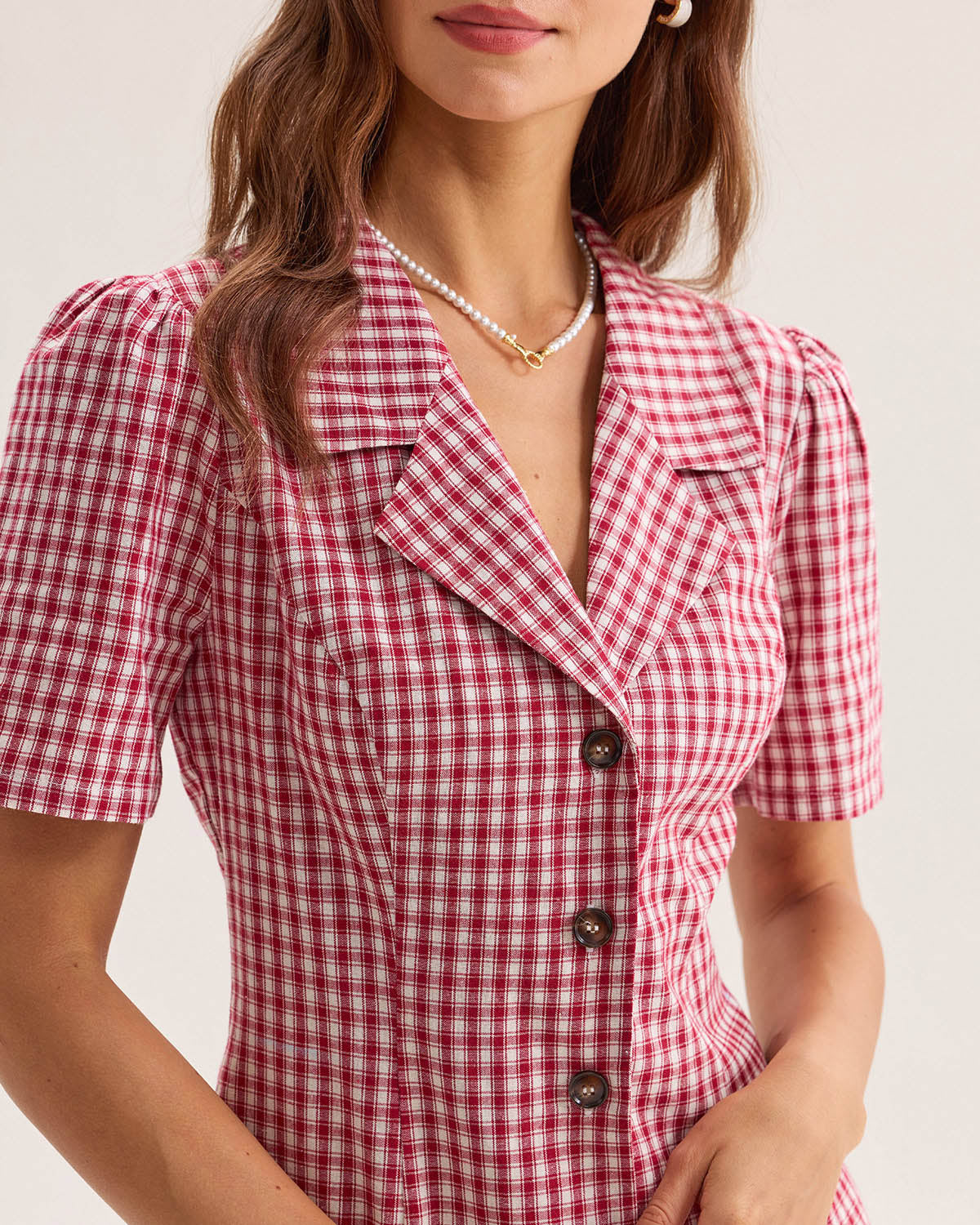 Red Plaid Pocket Button Mini Dress