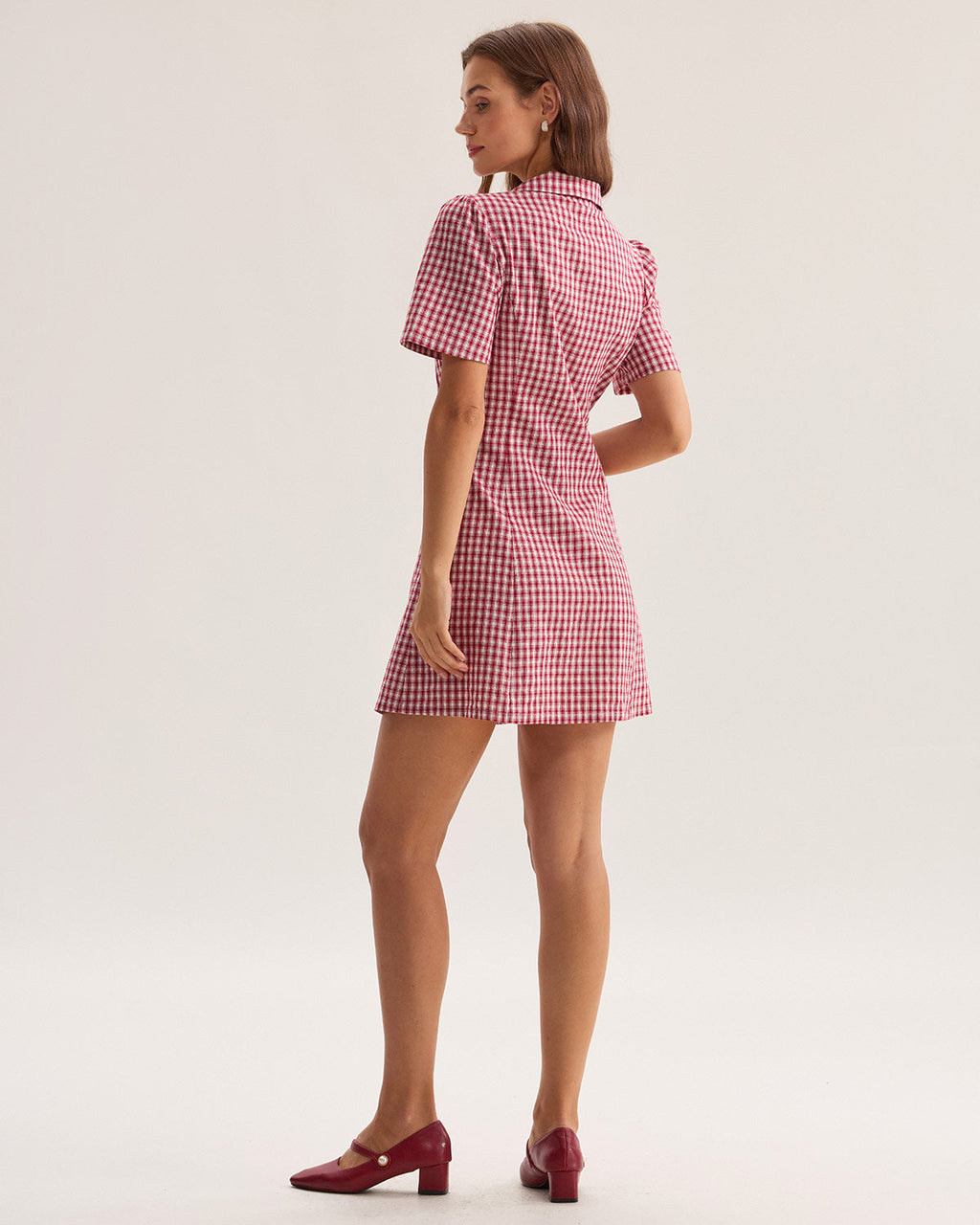 Red Plaid Pocket Button Mini Dress