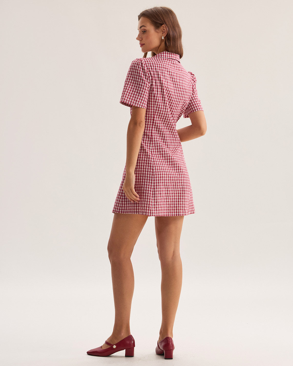 Red Plaid Pocket Button Mini Dress