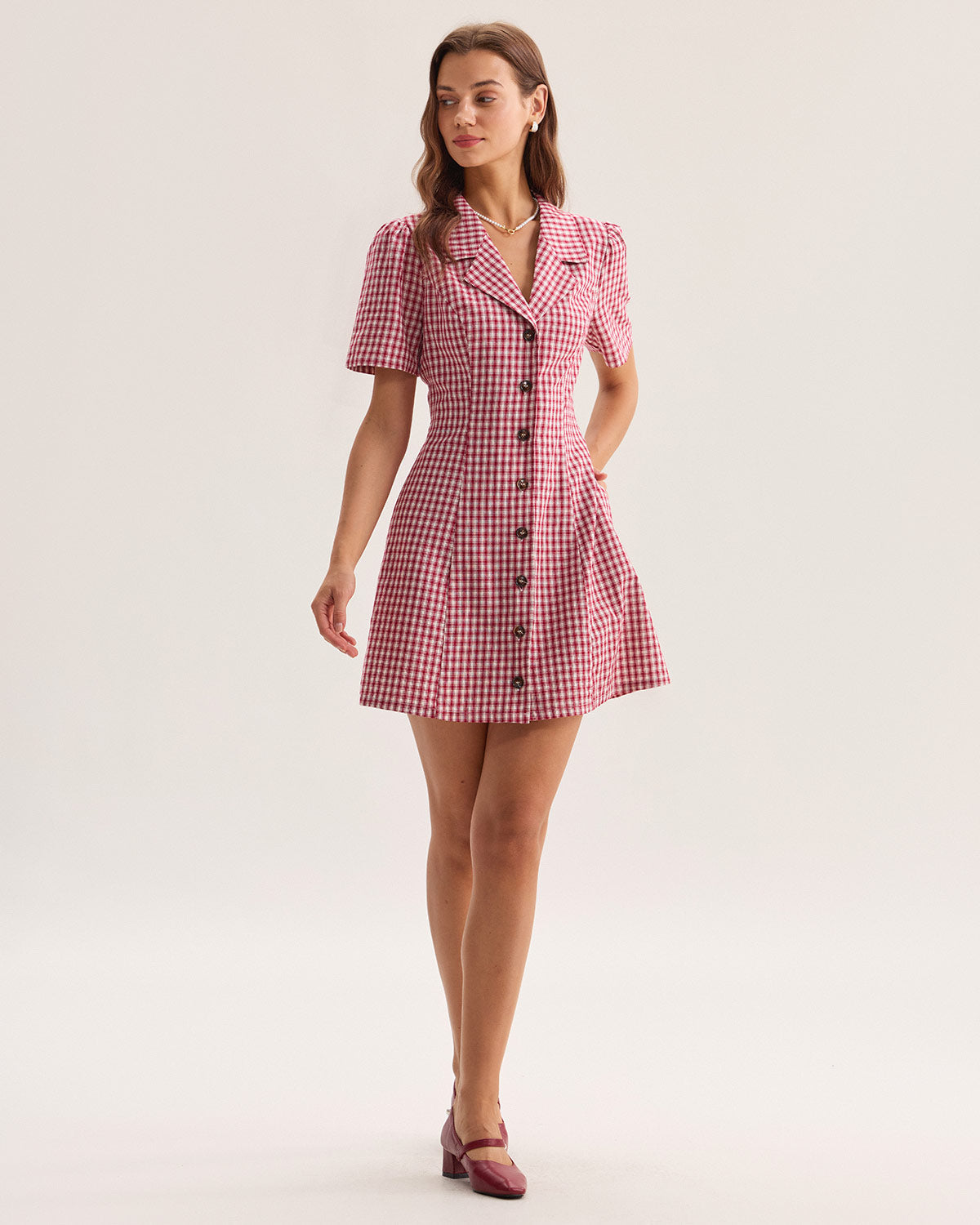 Red Plaid Pocket Button Mini Dress