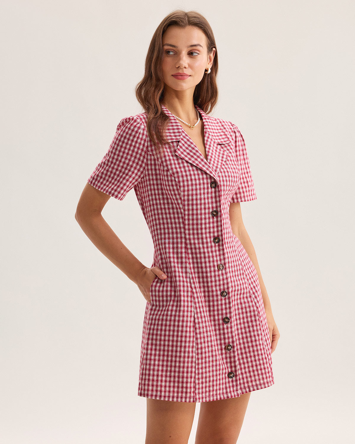 Red Plaid Pocket Button Mini Dress