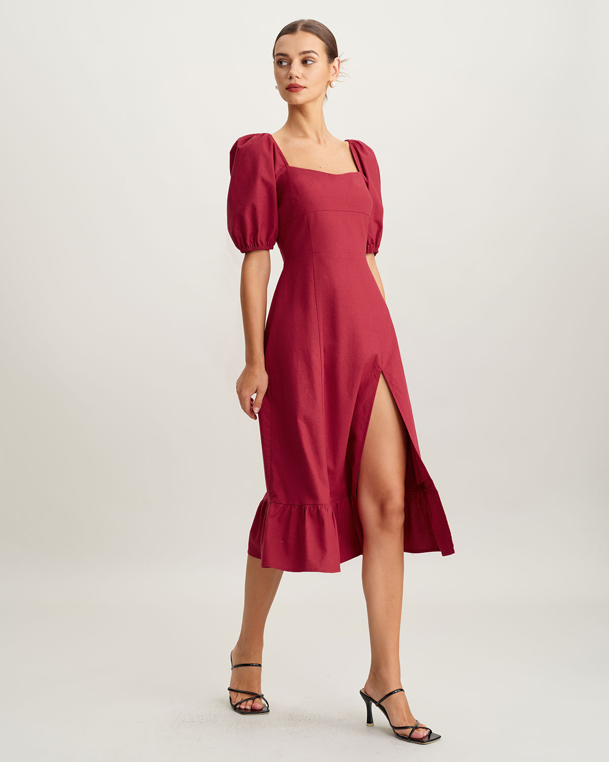 Red Square Neck Shirred Midi Dress