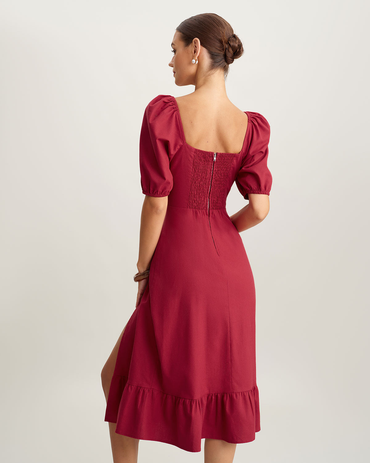 Red Square Neck Shirred Midi Dress