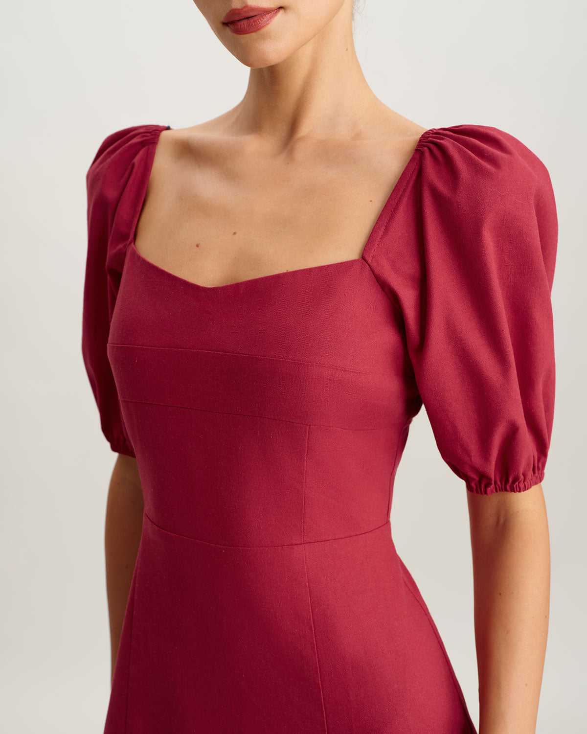 Red Square Neck Shirred Midi Dress