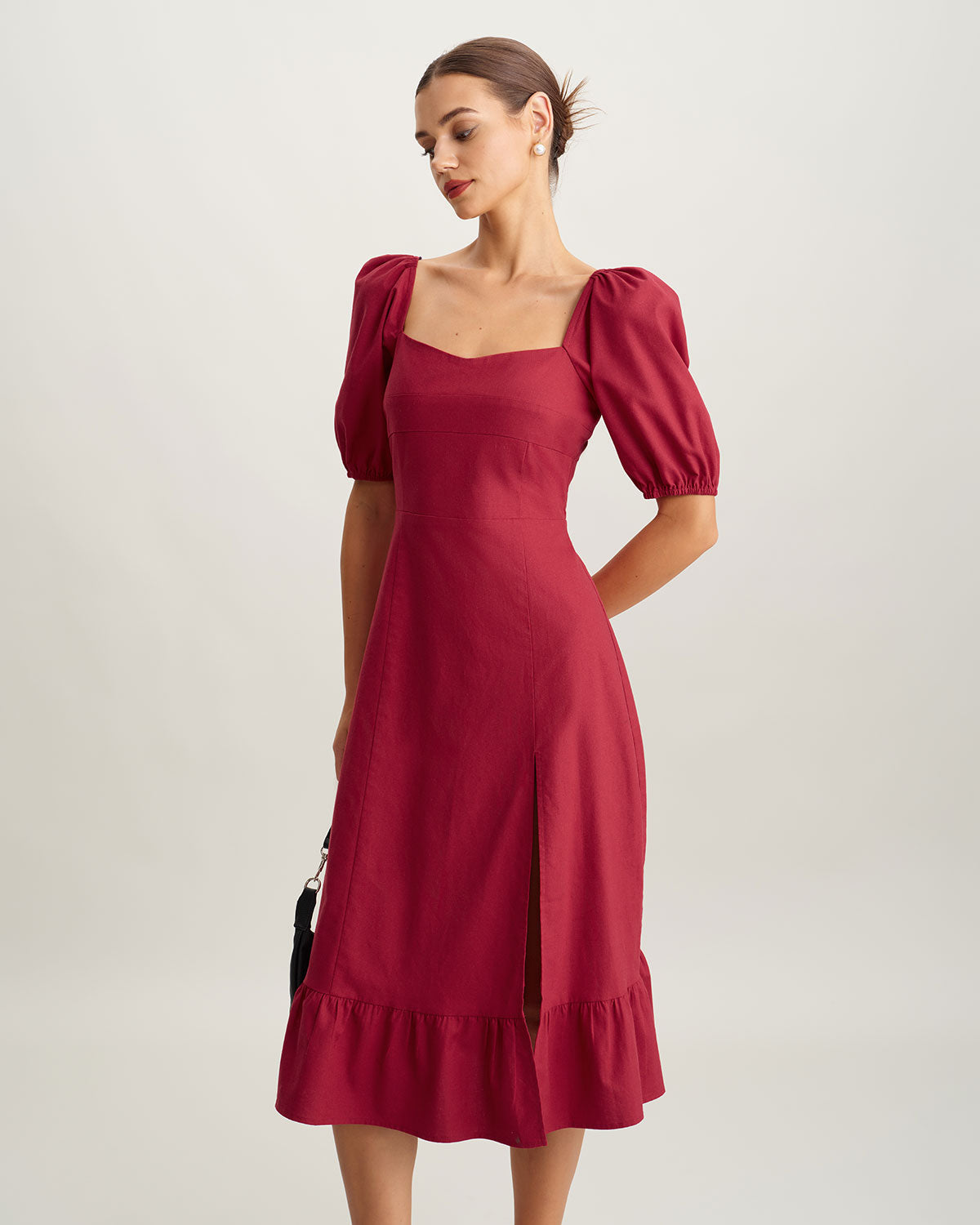Red Square Neck Shirred Midi Dress