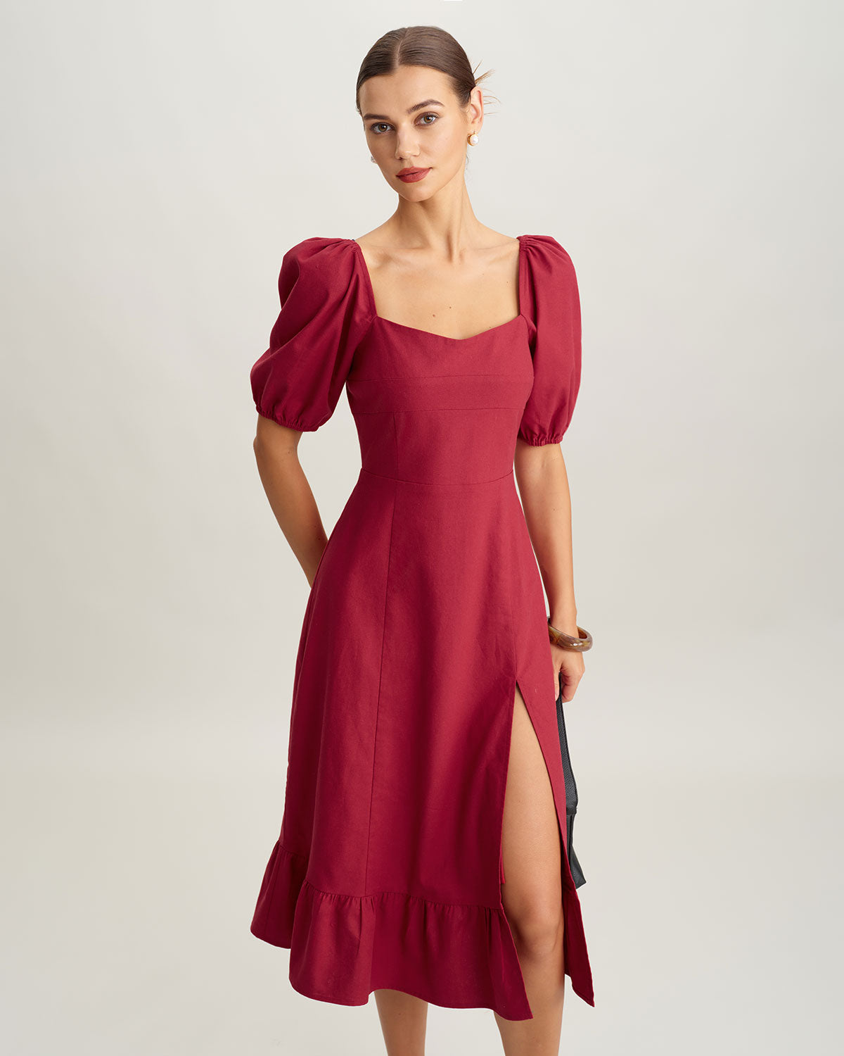 Red Square Neck Shirred Midi Dress