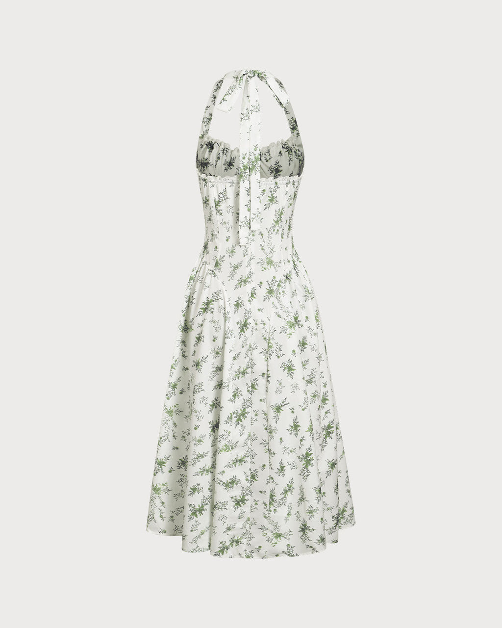 Green Floral Ruched Lace Halter Midi Dress