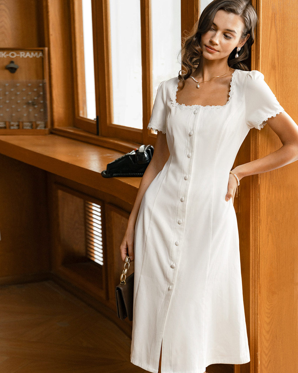White Square Neck Button Midi Dress