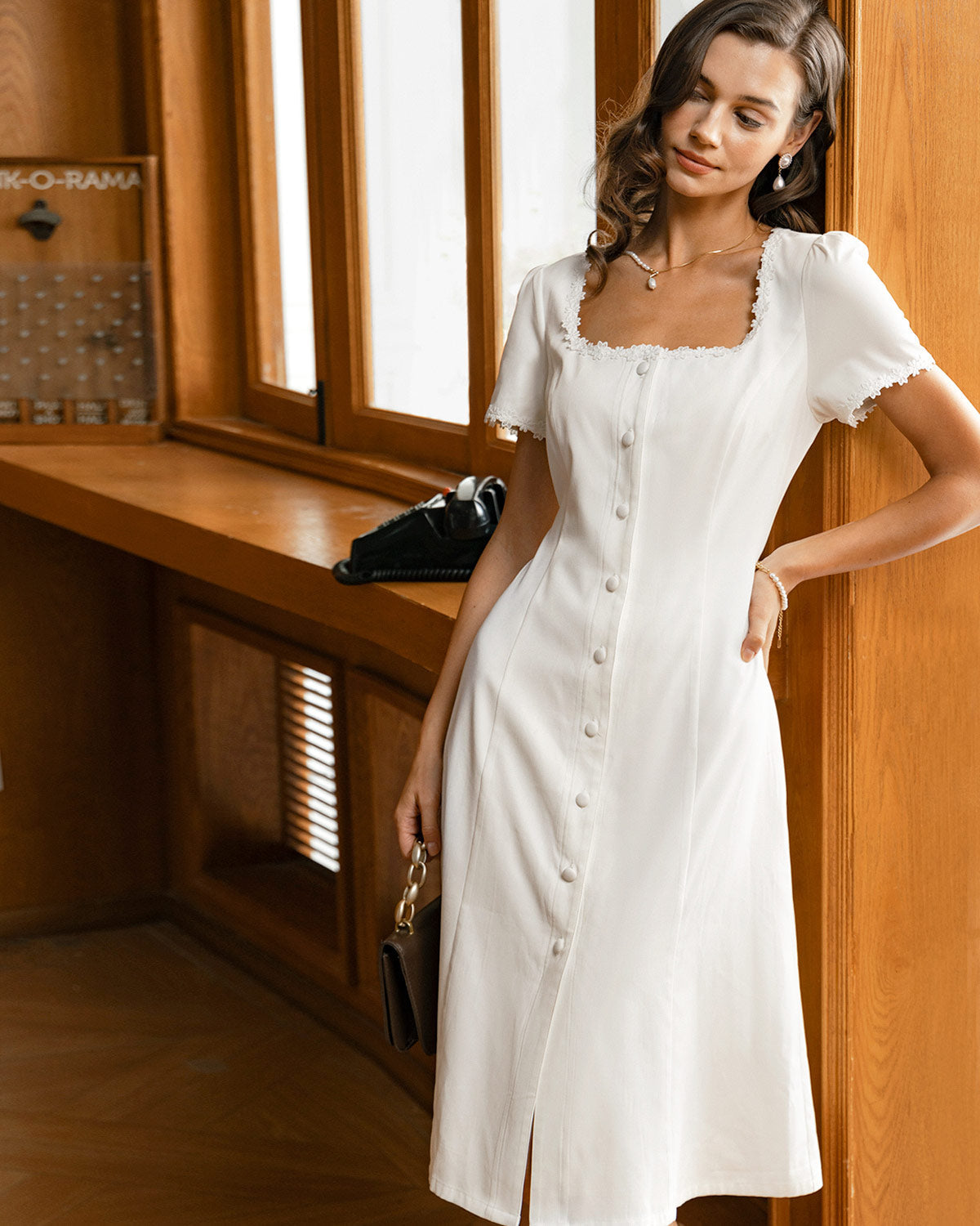 White Square Neck Button Midi Dress