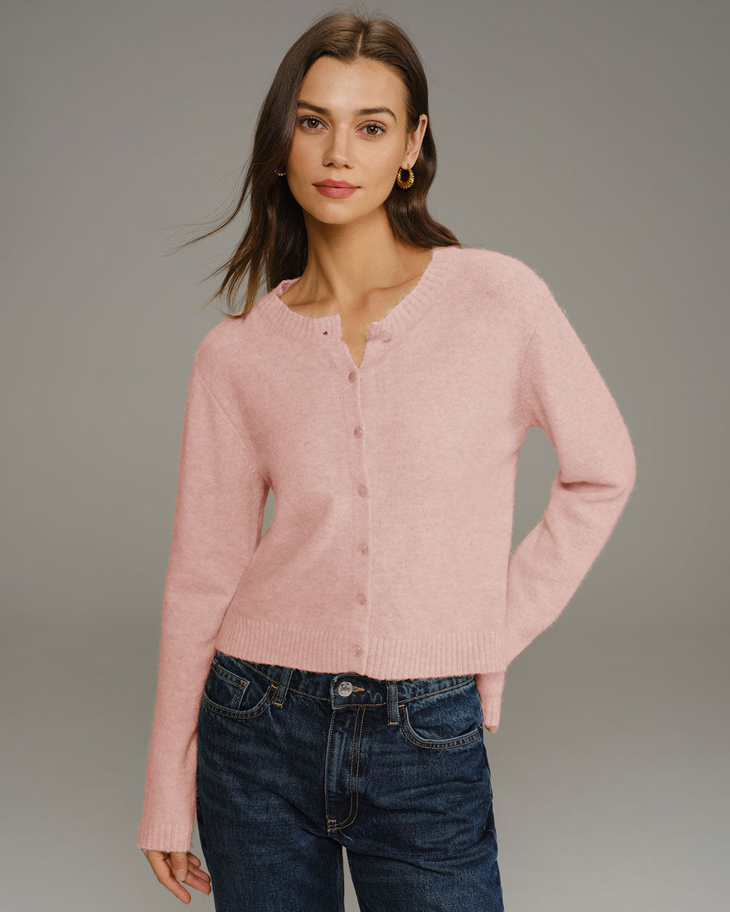 Pink Round Neck Knit Cardigan