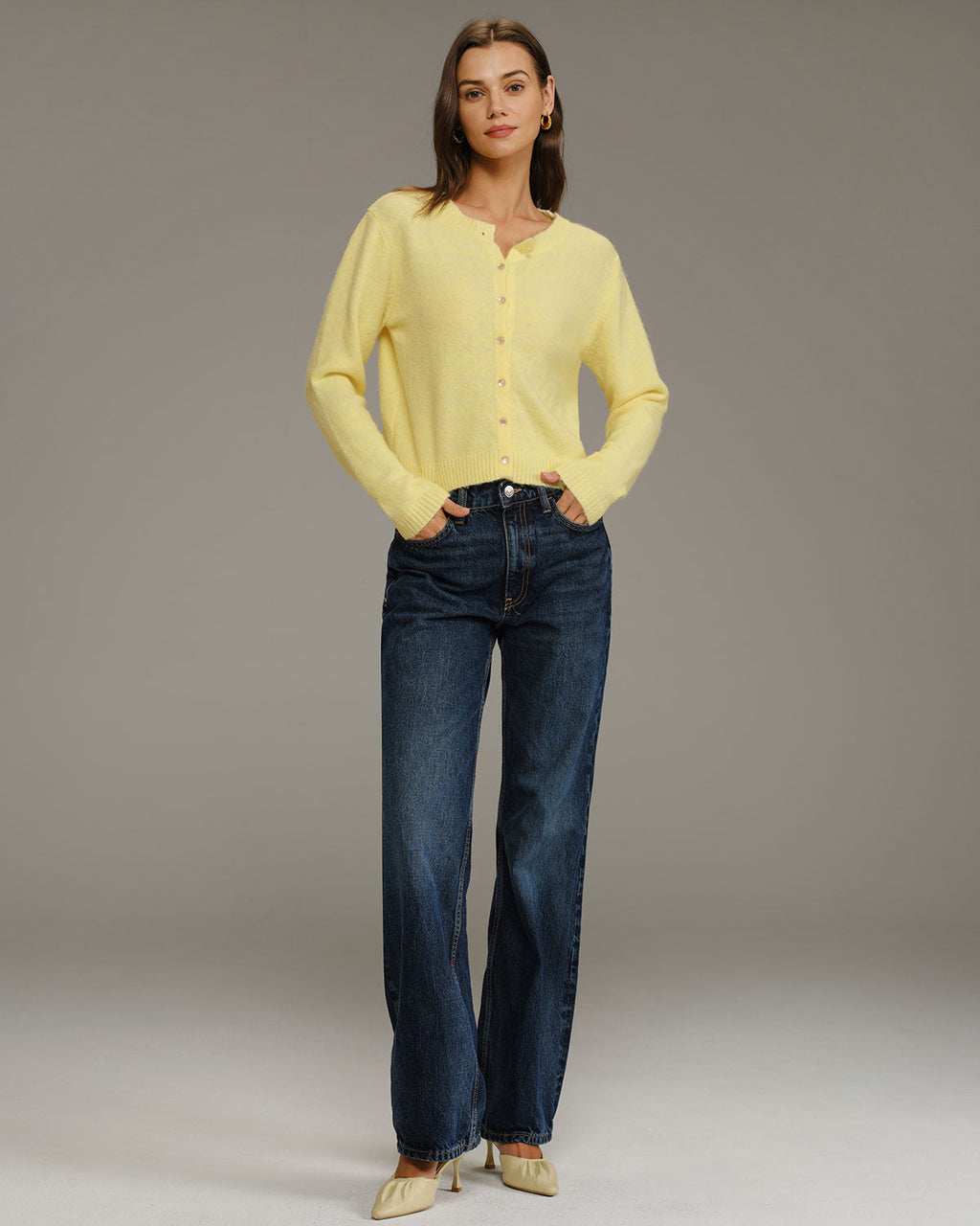 Yellow Round Neck Knit Cardigan
