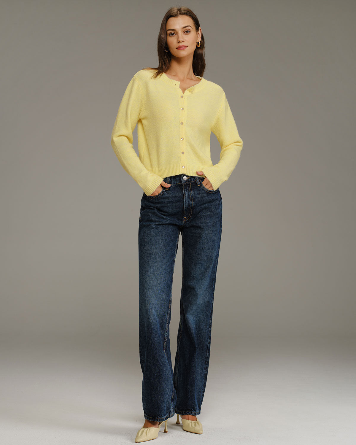 Yellow Round Neck Knit Cardigan