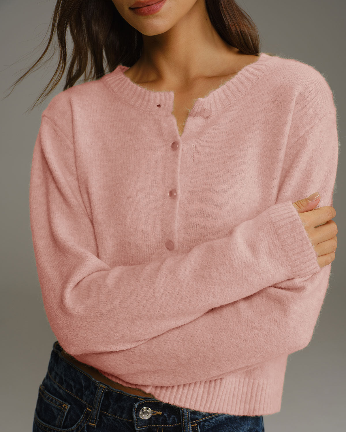 Pink Round Neck Knit Cardigan