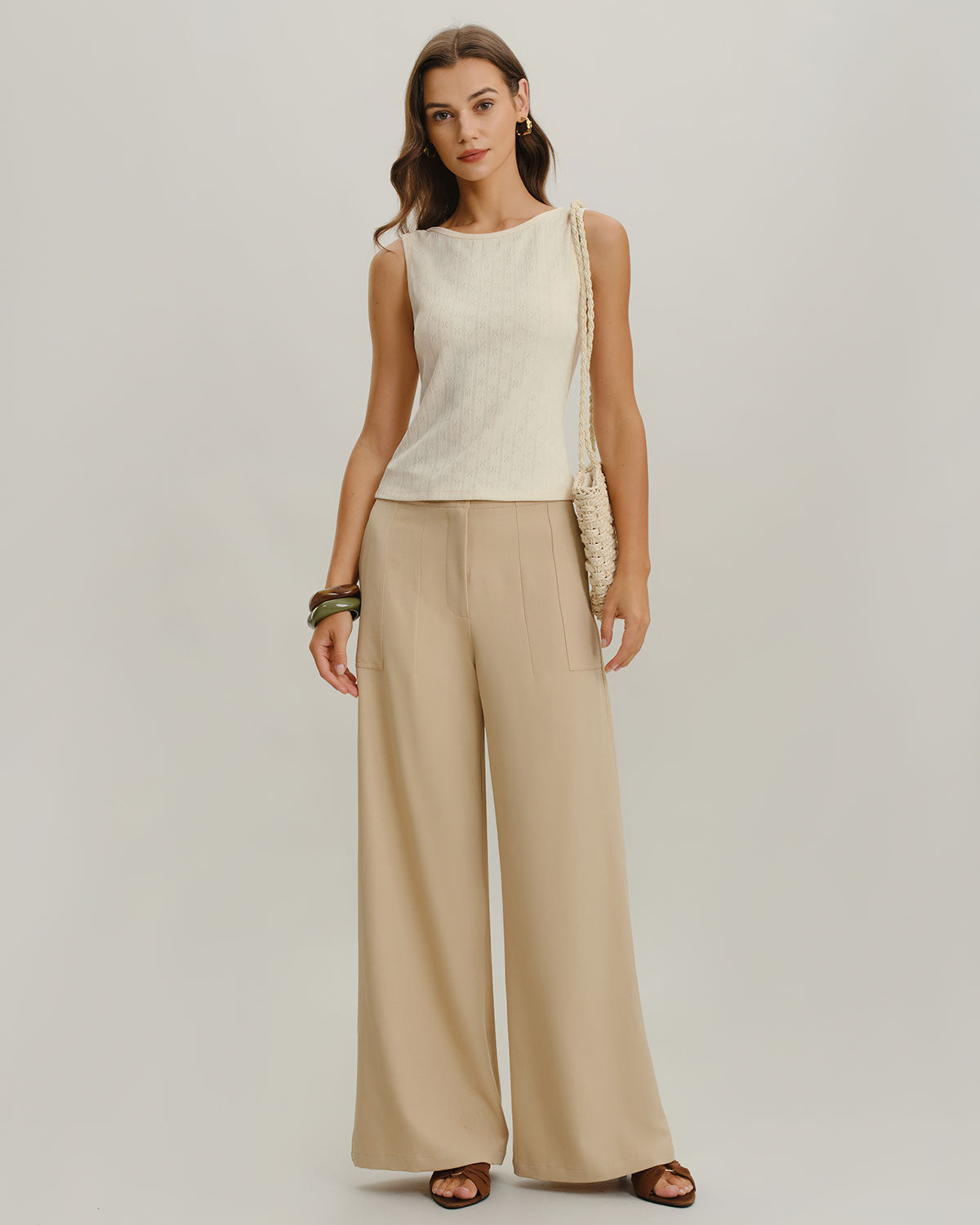 Beige Boat Neck Ribbed Knit Tank Top
