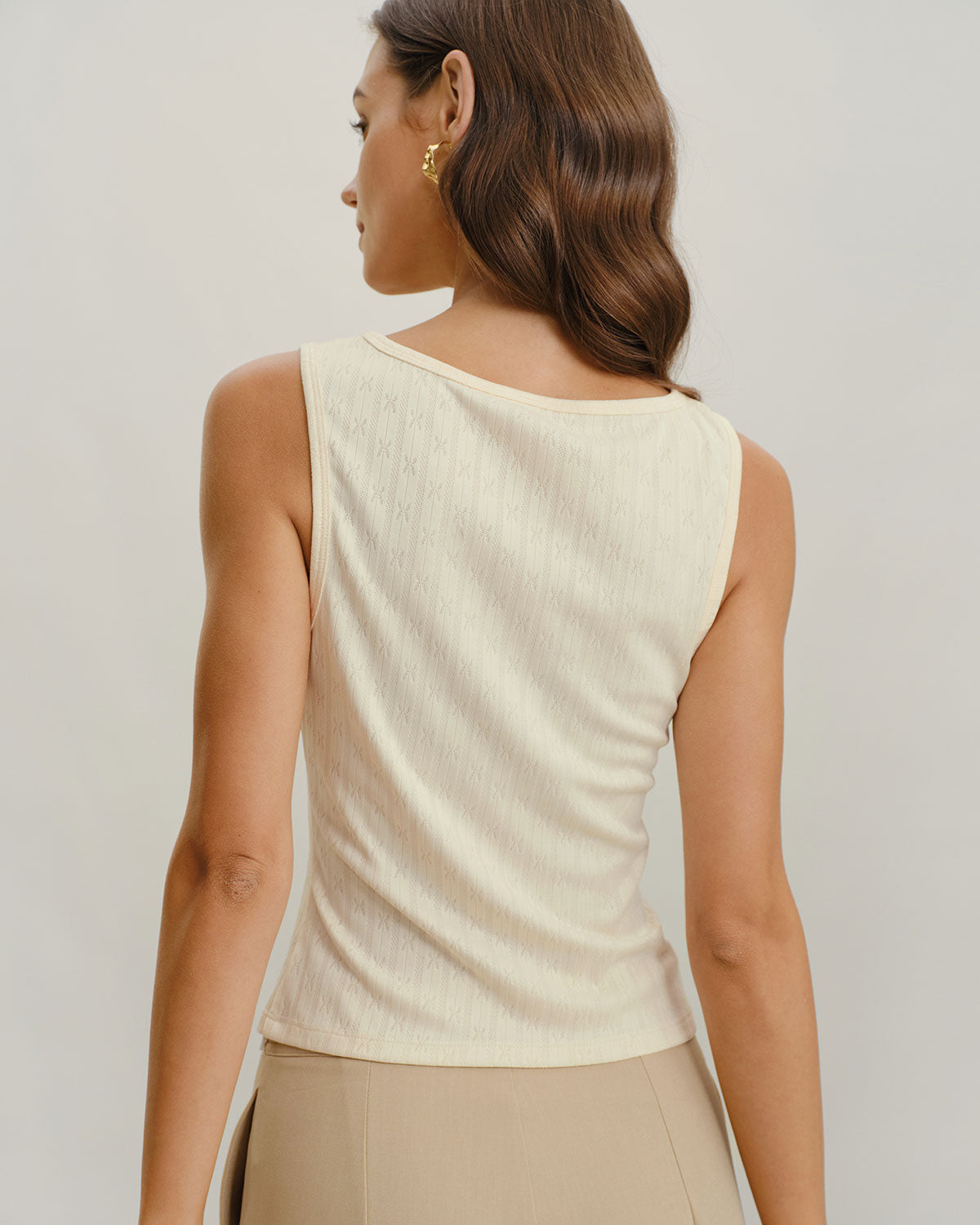 Beige Boat Neck Ribbed Knit Tank Top