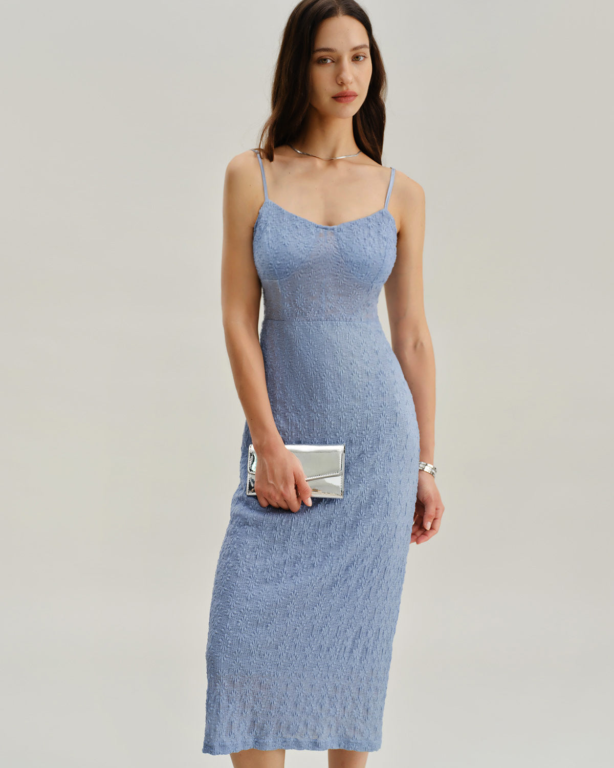 Blue Lace Slip Bodycon Midi Dress