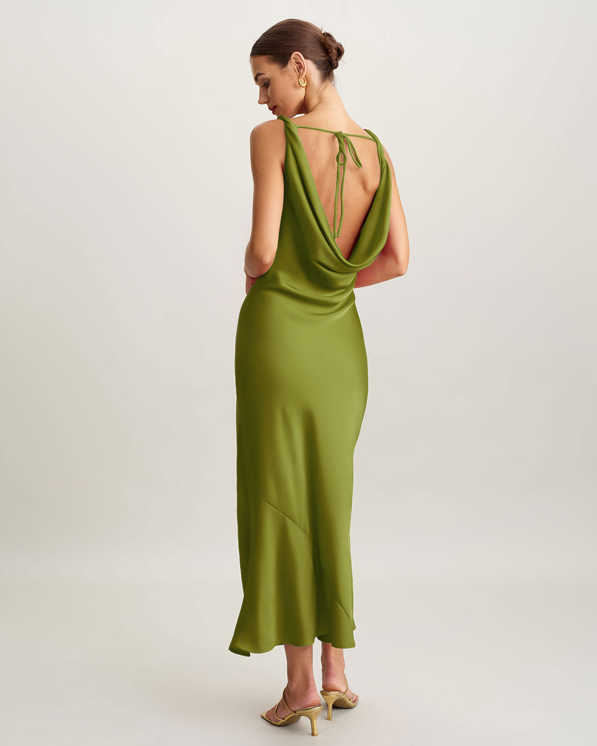 Green Satin Cowl Neck Maxi Dress