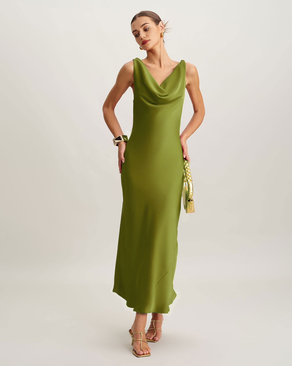 Green Satin Cowl Neck Maxi Dress