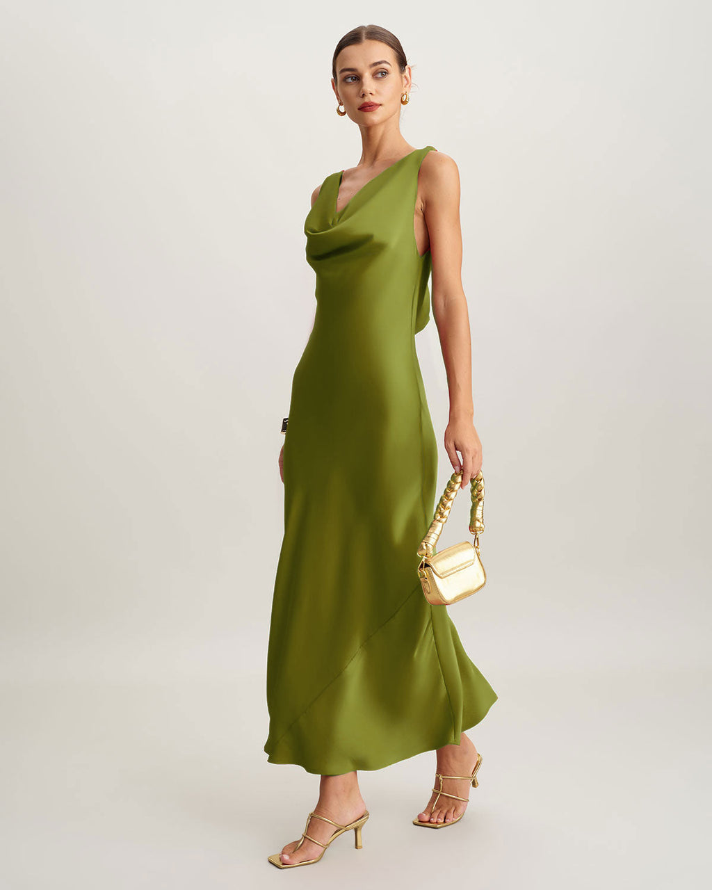 Green Satin Cowl Neck Maxi Dress