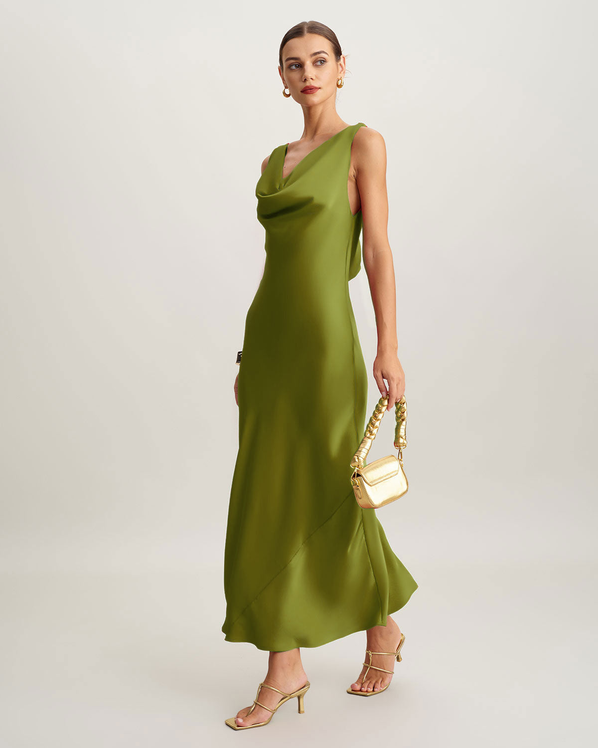 Green Satin Cowl Neck Maxi Dress