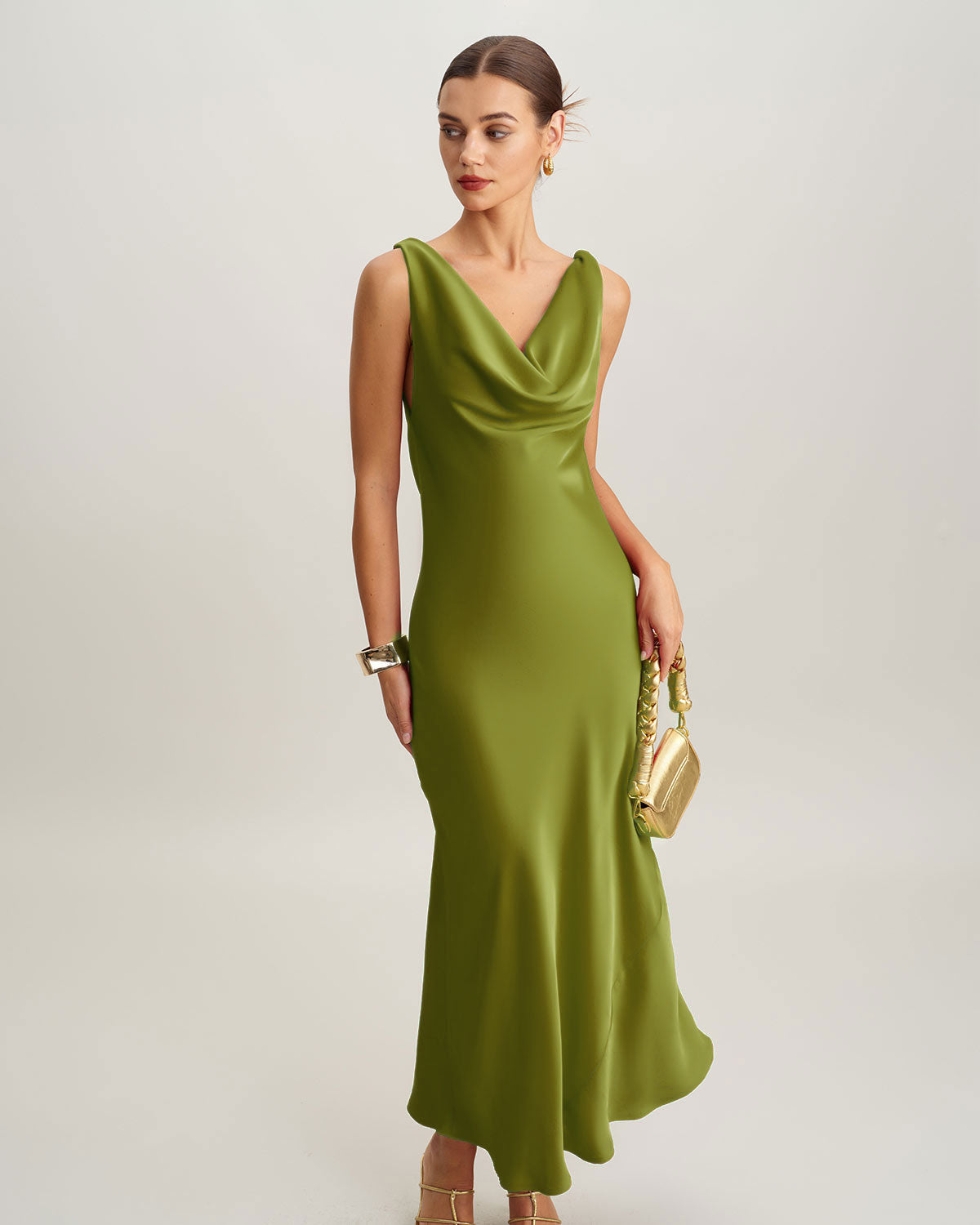 Green Satin Cowl Neck Maxi Dress