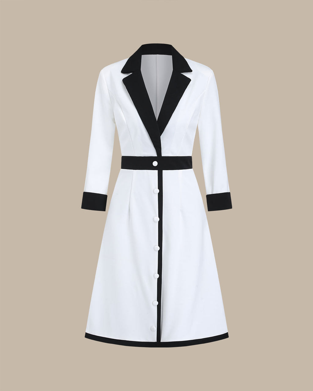 White Contrasting V Neck Button Midi Dress
