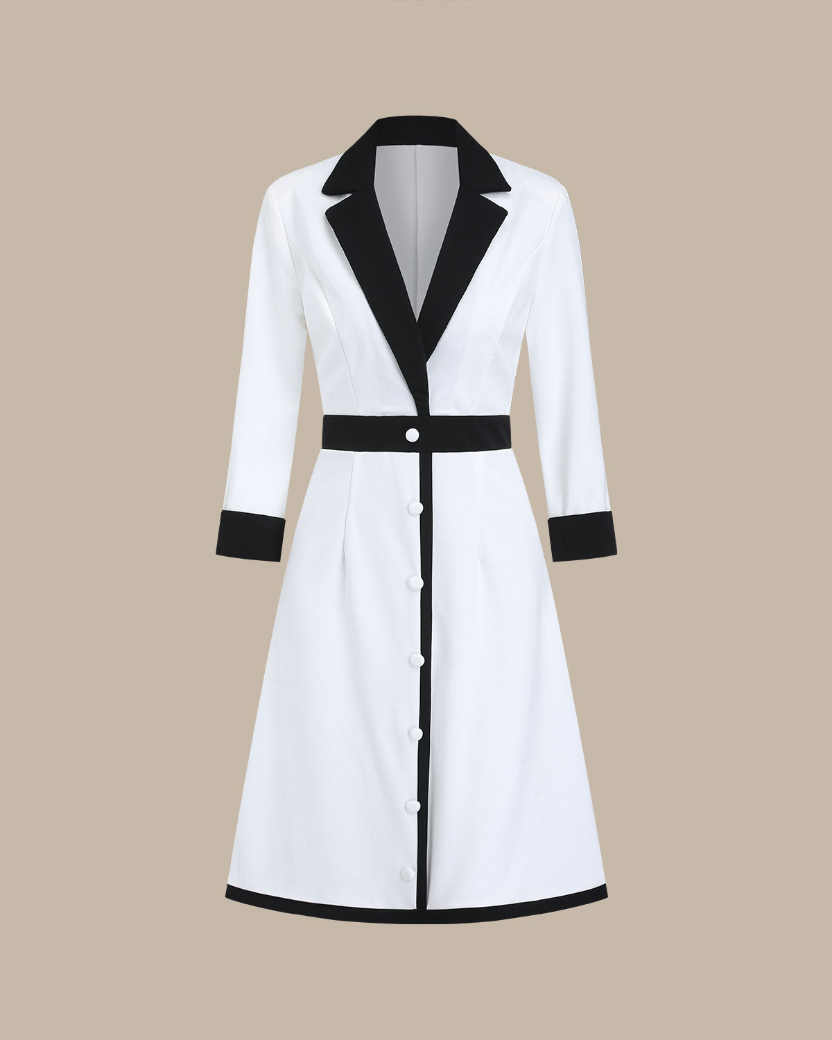 White Contrasting V Neck Button Midi Dress