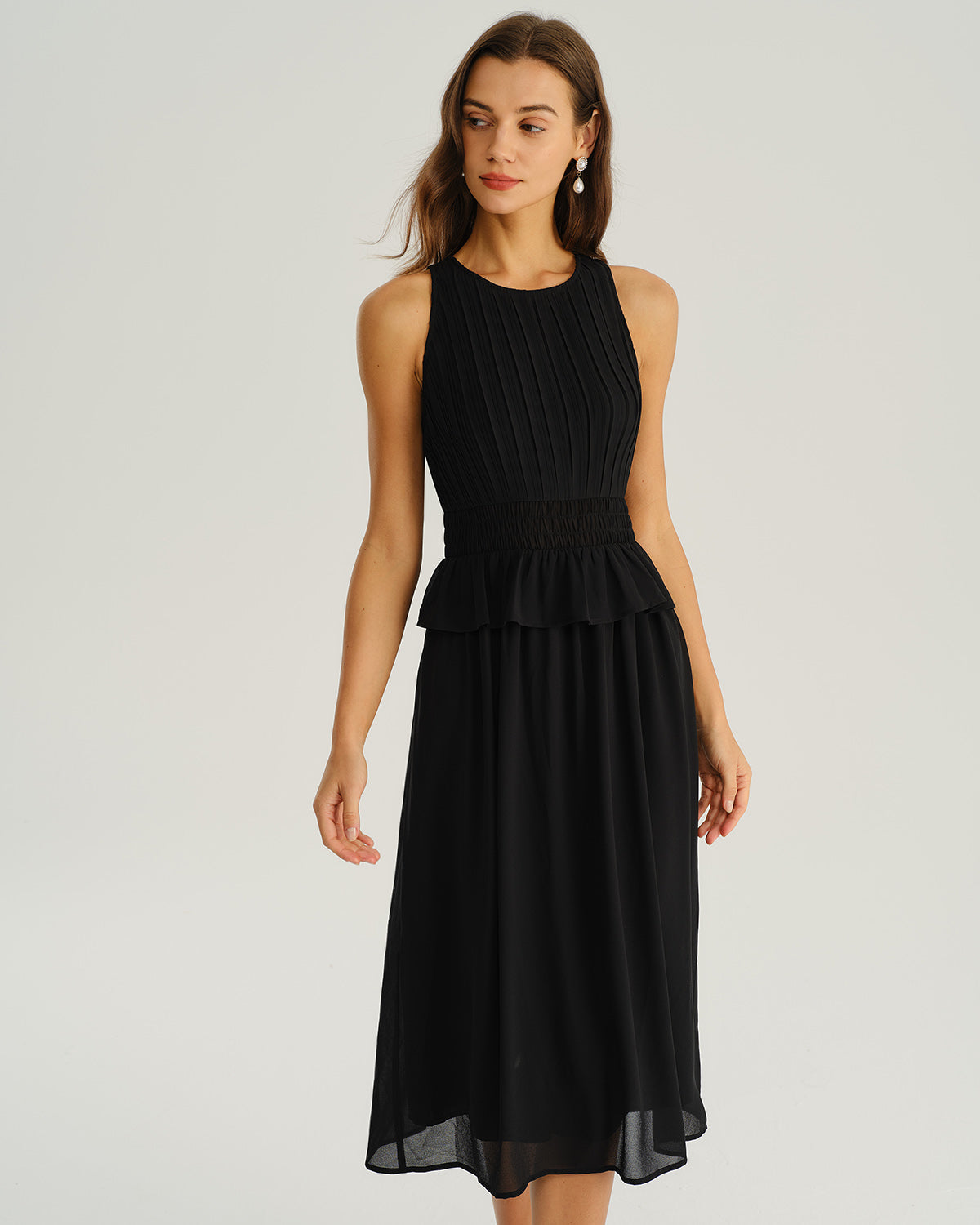 Black Round Neck A-Line Sleeveless Midi Dress
