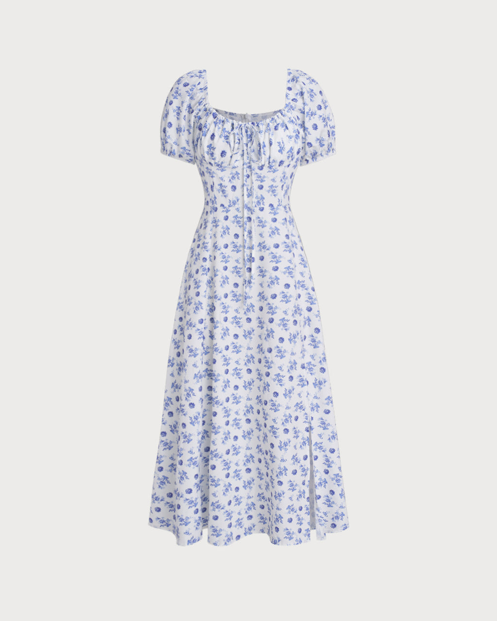 Blue Floral Square Neck Ruched Midi Dress