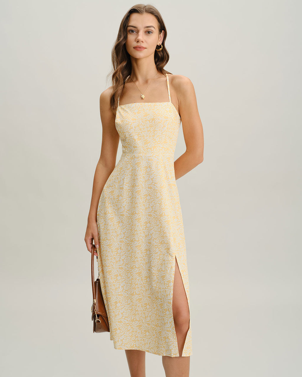 Yellow Floral Backless Slip Midi Dress