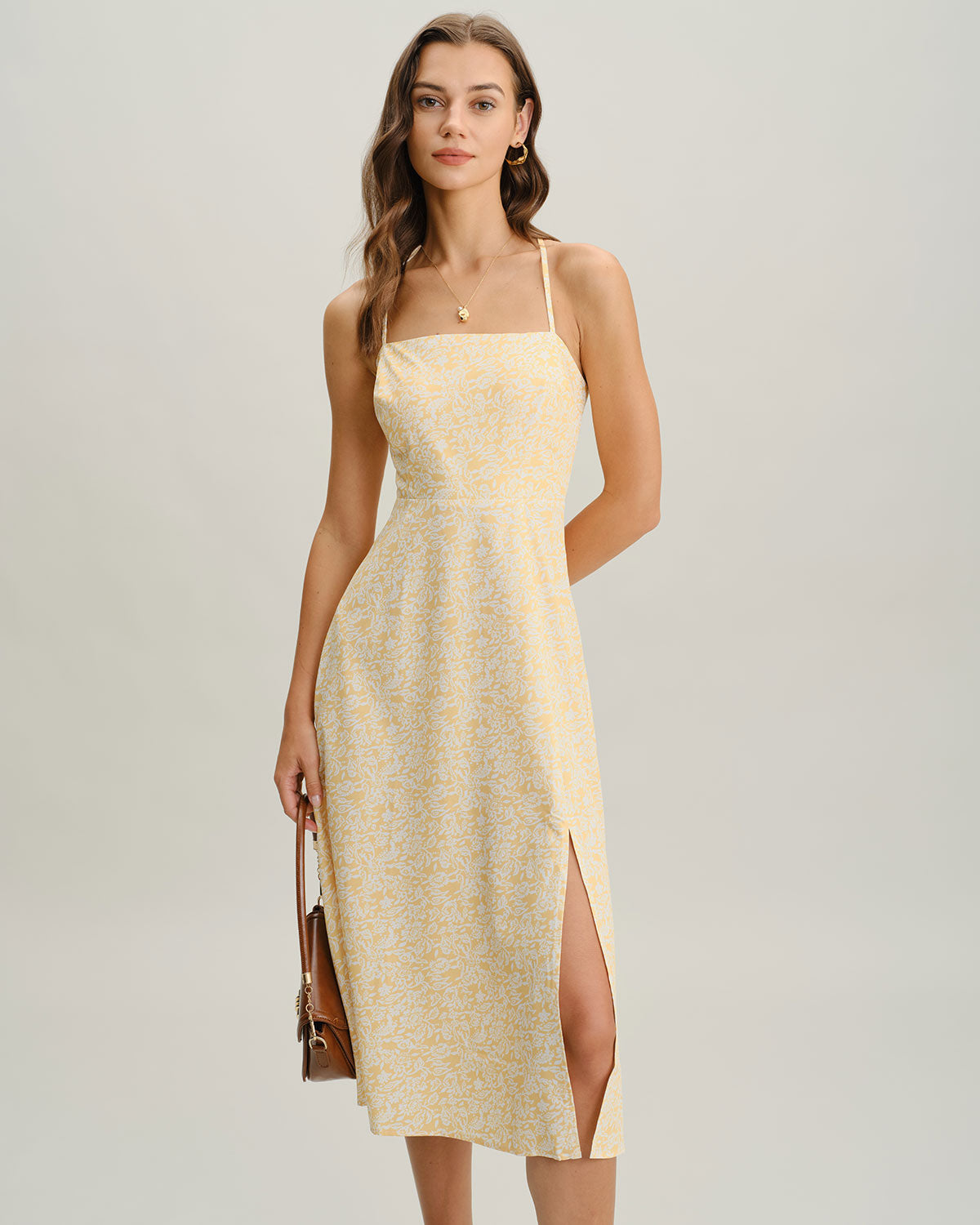 Yellow Floral Backless Slip Midi Dress