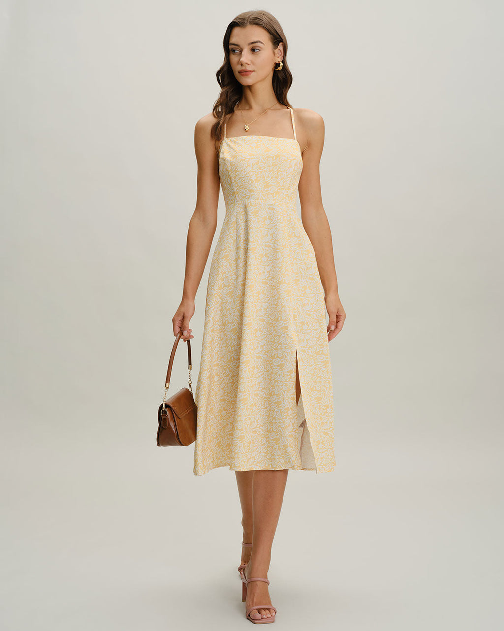 Yellow Floral Backless Slip Midi Dress