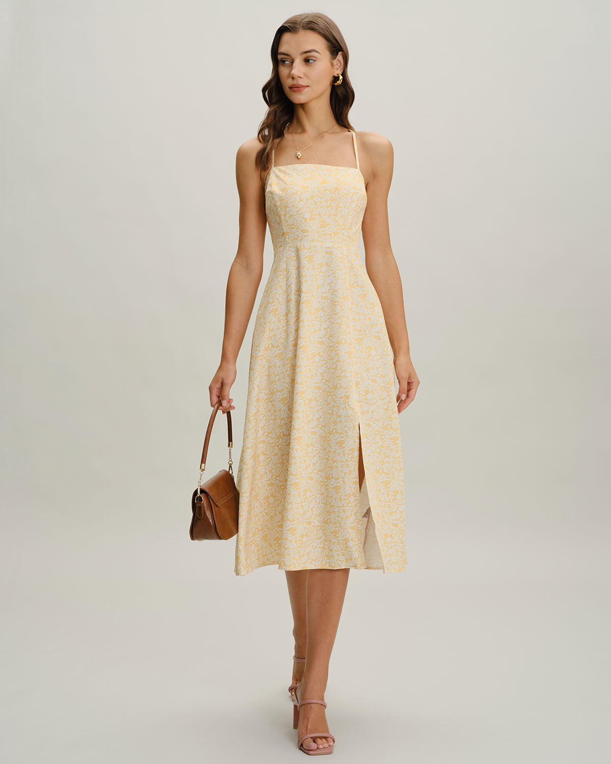 Yellow Floral Backless Slip Midi Dress