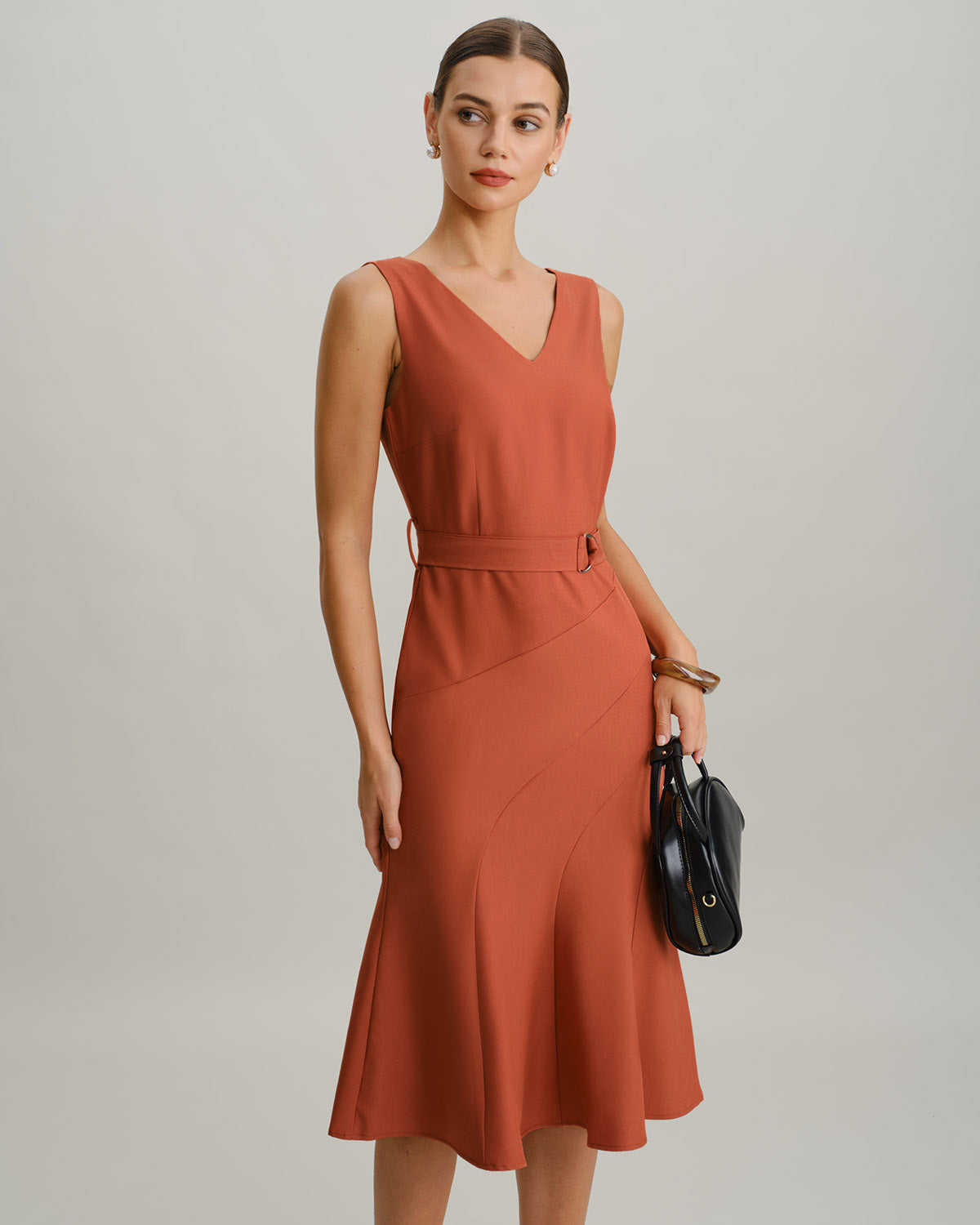 Red V Neck Mermaid Sleeveless Midi Dress